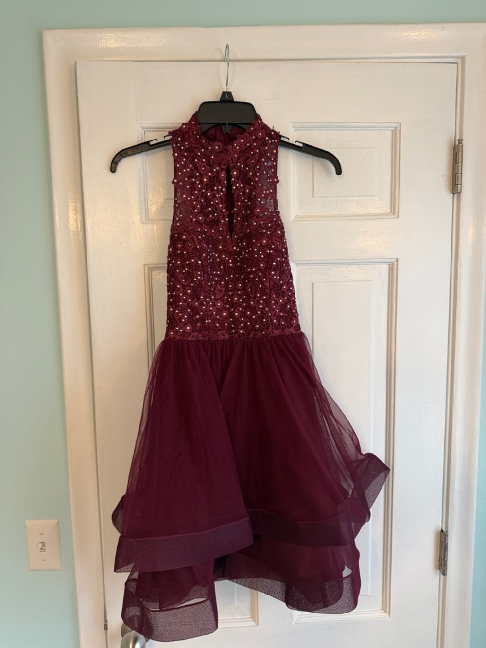 Jodi Kristopher Burgundy Beaded Tulle Formal Dress